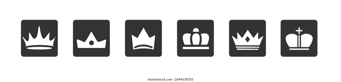 Crown Icons Vector Set – Royal crown silhouettes perfect for logo design, branding, invitations, emblems, and luxury themes. Ideal for king, queen, princess concepts, pageants, and noble designs.