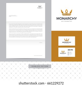 Crown identity design consisting of logo, business card, letterhead and seamless pattern.