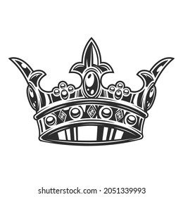 Crown illustration vector isolated on white background. Vintage crowning, elegant queen or king crowns drawn. Royal imperial coronation symbols, monarch majestic jewel tiara.