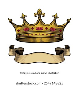 Ilustração da coroa com banner vintage. Coroa vintage com ilustração desenhada à mão banner no estilo de gravura vintage. Logotipo Crown com banner em estilo vintage