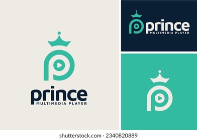 Crown Initial Letter P Prince Princess Play Button for Audio Video Film Movie Song Media Player logo design