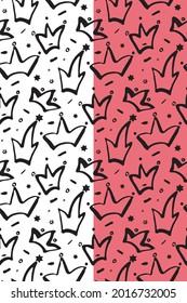 Crown ink brush seamless pattern. Thick black doodle blob line. Hand drawn cartoon grunge style. Pink, white easy editable background. Vector