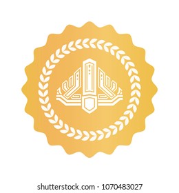 Crown inside laurel wreath on golden royal seal. Shiny round approval sign with heraldic symbols. Crown on gold stamp isolated vector illustration.