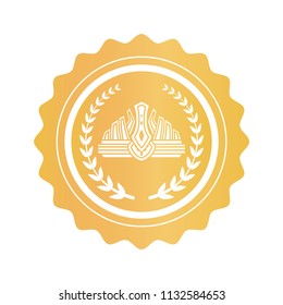 Crown inside laurel wreath on round stamp. Round logotype with monarch king hat in gothic design of golden color isolated vector illustration