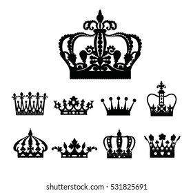 Crown isolated on white background. Vector illustration of black crown icons. Crowns silhouette or symbol.