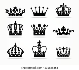 Crown isolated on white background. Vector illustration of black crown icons. Crowns silhouette or symbol.