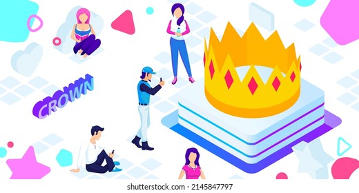 Crown isometric design icon. Vector web illustration. 3d colorful concept