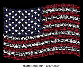 Crown items are combined into waving United States flag mosaic on a dark background. Vector composition of America state flag is created of crown elements.