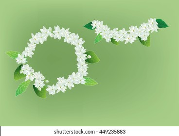 Flores de jasmim coroa com folhas vista superior e vista lateral.ilustração vetorial