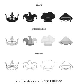 Crown, jester cap, cook, cone. Hats set collection icons in black,monochrome,outline style vector symbol stock illustration web.