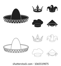 Crown, jester cap, cook, cone. Hats set collection icons in black,outline style vector symbol stock illustration web.