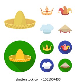 Crown, jester cap, cook, cone. Hats set collection icons in cartoon,flat style vector symbol stock illustration web.