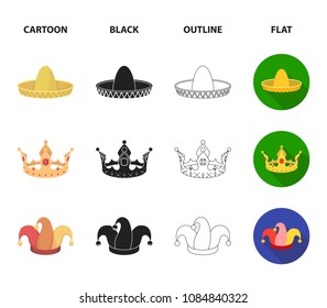 Crown, jester cap, cook, cone. Hats set collection icons in cartoon,black,outline,flat style vector symbol stock illustration web.