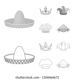 Crown, jester cap, cook, cone. Hats set collection icons in outline,monochrome style vector symbol stock illustration web.