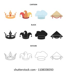 Crown, jester cap, cook, cone. Hats set collection icons in cartoon,black,outline style vector symbol stock illustration web.