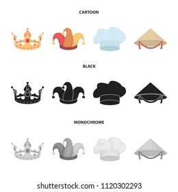Crown, jester cap, cook, cone. Hats set collection icons in cartoon,black,monochrome style vector symbol stock illustration web.