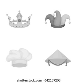 Crown, jester's cap, cook, cone. Hats set collection icons in monochrome style vector symbol stock illustration web.