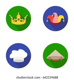 Crown, jester's cap, cook, cone. Hats set collection icons in flat style vector symbol stock illustration web.