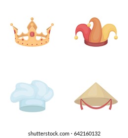 Crown, jester's cap, cook, cone. Hats set collection icons in cartoon style vector symbol stock illustration web.