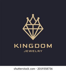 Crown Jewelry kingdom line outline luxury logo design isolated on black background