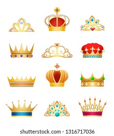 Crown jewels. Vintage woman princess jewelry gold diadem and tiara and golden jewellery king crown set isolated on white background, vector illustration