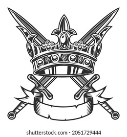 Crown king and crossed sharp sword concept with ribbon in vintage style isolated vector illustration. Vintage crowning, elegant queen or king crowns. Royal imperial monarch coronation symbols.