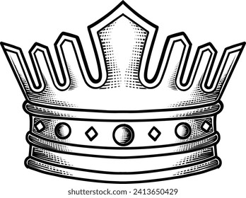 Crown king engraved vector illustration isolated on white background