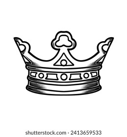 Crown king engraved vector illustration isolated on white background