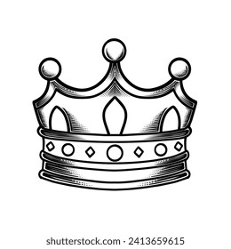 Crown king engraved vector illustration isolated on white background