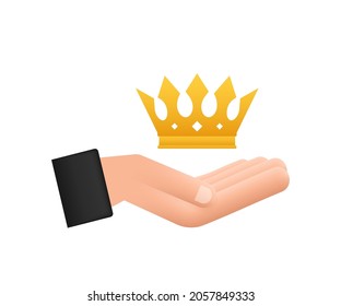 Crown of king hanging over hands isolated on white background. Gold royal icon. Vector stock illustration.