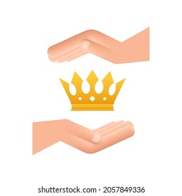 Crown of king hanging over hands isolated on white background. Gold royal icon. Vector stock illustration.