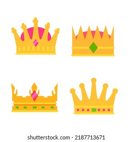 Crown of king icon. Queen golden tiara. Medieval attribute of monarch. Symbol of success and victory, awards. Set of Flat cartoon