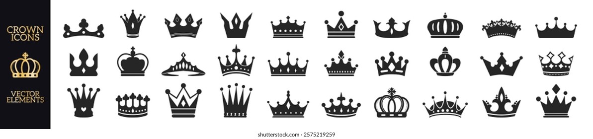  Crown king icon set isolated on transparent background. Collection different crown sign, silhouette crown symbol