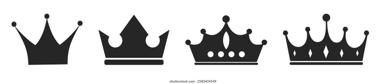  Crown king icon set isolated on transparent background. Collection different crown sign, silhouette crown symbol