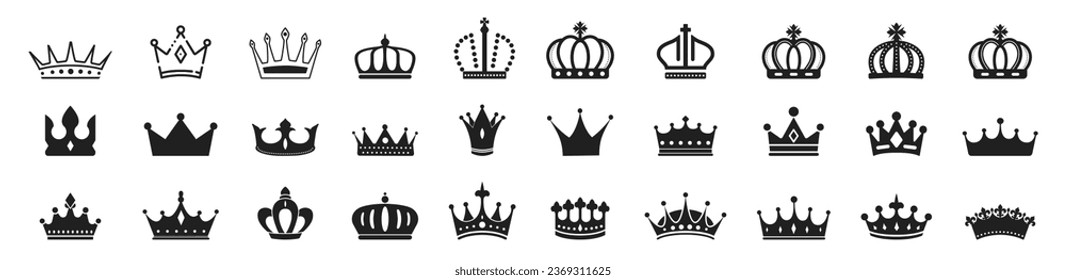 Juego de mega iconos del rey de la corona. Reina real de la corona reina princesa tiara diadem príncipe corona el logo de la silueta vector