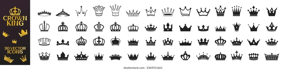 Juego de mega iconos del rey de la corona. Reina real de la corona reina princesa tiara diadem príncipe corona el logo de la silueta vector