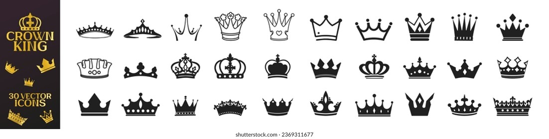 Crown king mega icon set. Royal king crown queen princess tiara diadem prince crowns silhouette logo vector