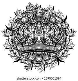 Crown king and queen elegant drawing art. Black color in white background. Vector illustration.