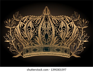 Crown king and queen elegant drawing art. Gold color in black background. Vector illustration.