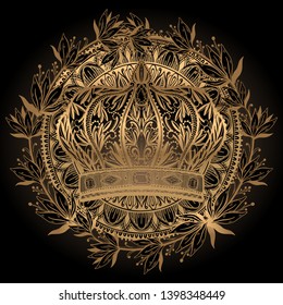 Crown king and queen elegant drawing art. Gold gradient color in black background. Vector illustration.