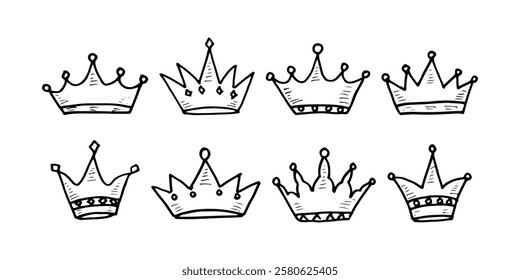 Crown, king, queen, prince, and princess doodle cartoon vector element icon