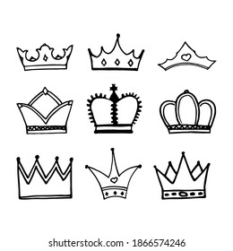 The crown the king   queen  Or princess   prince  Nice  funny drawing  Hand drawing doodle  Black   white sketch  Vector  Set 