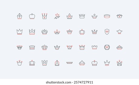 Crown of king and queen, royal tiara of emperor, princess and prince, authority line icon set. Luxury award, winners classic trophy, VIP member thin black and red outline symbols vector illustration