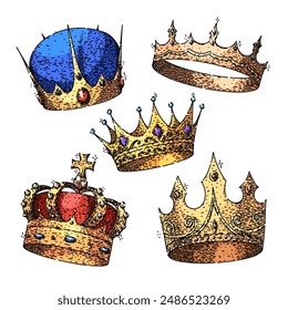 crown king set hand drawn. gold princess, dom symbol, corona emblem crown king vector sketch. isolated color illustration