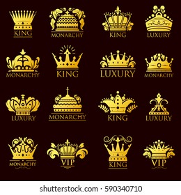 Crown king vintage premium golden yellow badge heraldic ornament icon tiara logo and luxury emblem kingdom princess baroque vector illustration.