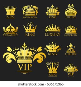 Crown king vintage premium golden badge heraldic ornament luxury kingdomsign vector illustration.