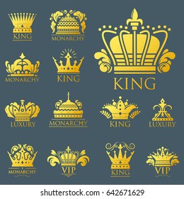 Crown king vintage premium golden badge heraldic ornament luxury kingdomsign vector illustration.