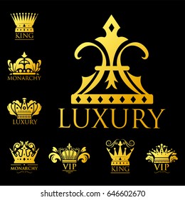 Crown king vintage premium golden badge heraldic ornament luxury kingdomsign vector illustration.