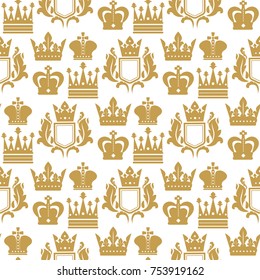Crown king vintage premium seamless pattern background heraldic ornament tiara luxury emblem kingdom princess baroque vector illustration. Insignia medieval antique decoration retro style.
