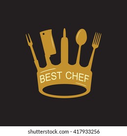 Crown of kitchen utensils, flat logo style, vector illustration